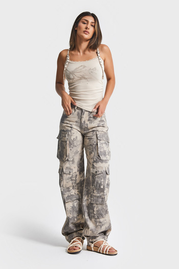 its basic Kadın Kamuflaj Renk 7w5-28 Straight Kargo Fit Simli Özel Kumaş Tasarım Denim Jean