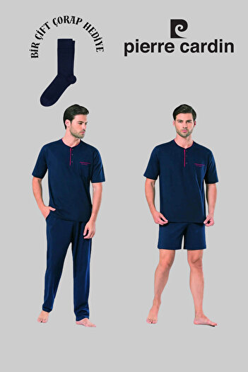 Pierre Cardin Men's Navy Blue Cotton Dowry Boxed Set 3-Piece Pajama Set (1 Pair of Socks as a Gift)