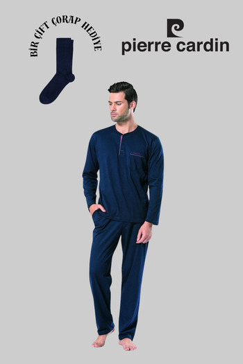 Pierre Cardin Men's Navy Blue Cotton Dowry Boxed Set of 2 Pajama Sets (1 Pair of Socks as a Gift)