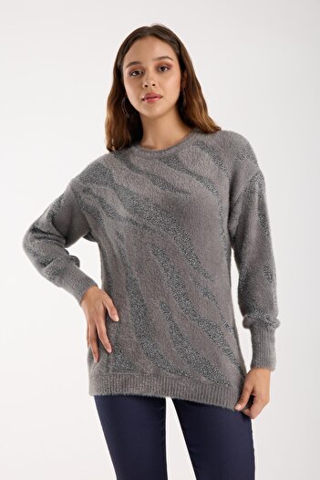 Moda Days Women's Gray Glitter Crew Neck Balloon Sleeve Knit Sweater