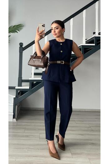 Oslove Navy Blue Belted Double Crepe Trousers