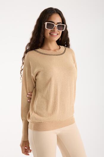 Moda Days Women's Beige Crew Neck Stone Striped Glitter Knit Sweater
