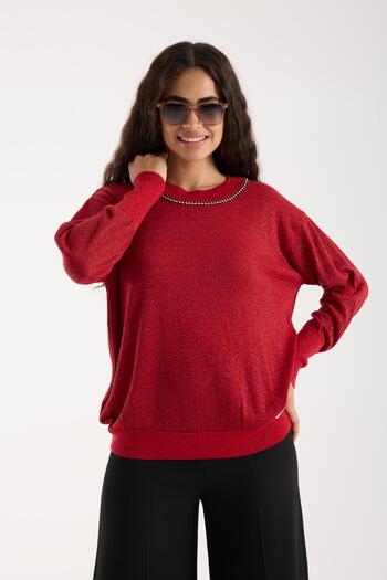 Moda Days Women's Red Crew Neck Stone Stripe Glitter Knit Sweater