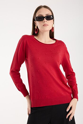 Moda Days Women's Red U-Neck Stone and Pearl Embroidered Knitwear Sweater