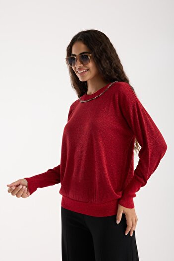 Moda Days Women's Red Crew Neck Stone Stripe Glitter Knit Sweater