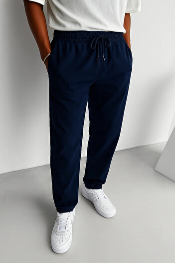COMBİNE MİCHAİL Men's Elastic Waist Navy Loose Linen Trousers