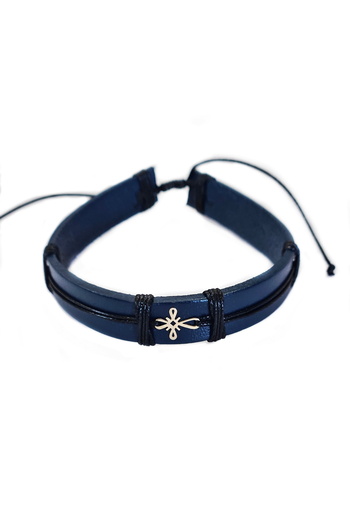 Wild Bracelets Men's bracelet made of natural navy blue leather with 14k Gold Cross, adjustable, handmade