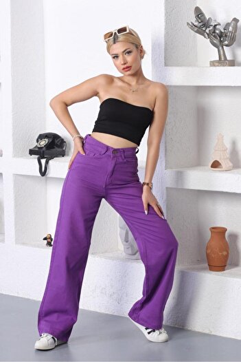 SHEVEGA Women's Purple Color High Waist Linen Loose Palazzo Pants
