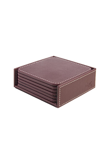 2K Coasters, Set of 6, Desktop Square Cup Coaster, Vegan Faux Leather, 11X11 Cm., Burgundy