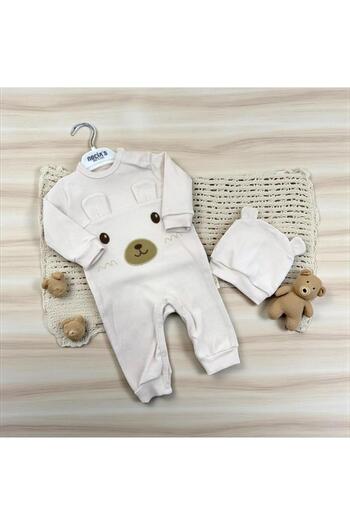 ALTINTAŞ BABY Baby Boy Ribbed Romper with Eared Teddy Bear Embroidered Beret