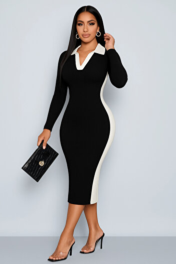 missamour Women's White Polo Neck Striped Dress