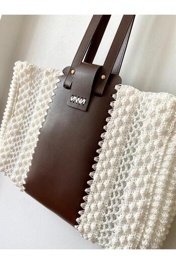 örgücü teyze Leather Tote Shoulder Bag with Knitted Detail