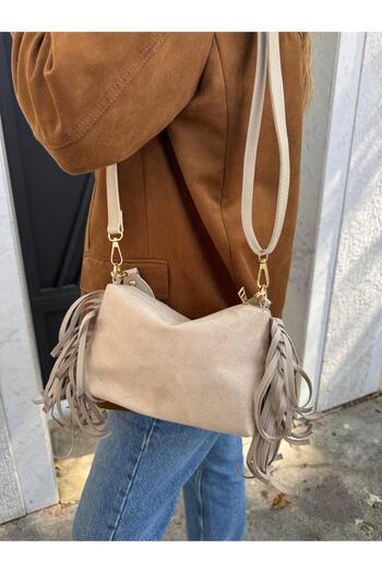 Tina İstanbul Tasseled Suede Double Strap Women's Hand and Shoulder Bag Mink