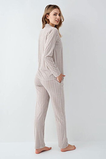 Arnetta Shirt Collar Pajama Set, Button Front, 100% Cotton, Striped, Long Sleeve, with Pockets
