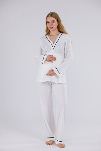 Yulem Homewear Ecru Piping Long Sleeve Cotton Maternity Pajama Set and Nightgown 4-Piece Set