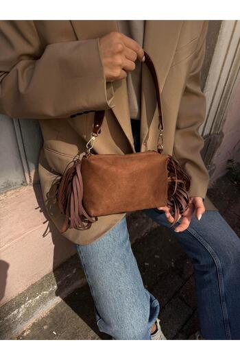 Tina İstanbul Tasseled Suede Double Strap Women's Hand and Shoulder Bag Brown