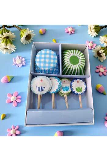 ÇEÇEN HOME Blue Cupcake Set, Strawberry Toothpick - Muffin Capsule, Paper Cake Mold, Party Pack, 24 Pieces