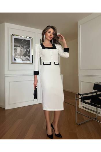 369 etnik butik Square Neck Midi Dress with Contrast Detail