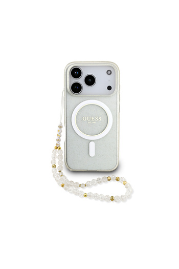 Guess Clear iPhone 17 Pro Max case with a rosary pendant. A sturdy, shock-resistant iPhone 17 Pro Max case that supports wireless charging.