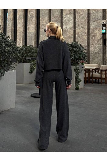 Le Savu Sevunera Yumoş Knitwear Woven Stand Collar Anthracite Colored Double Suit