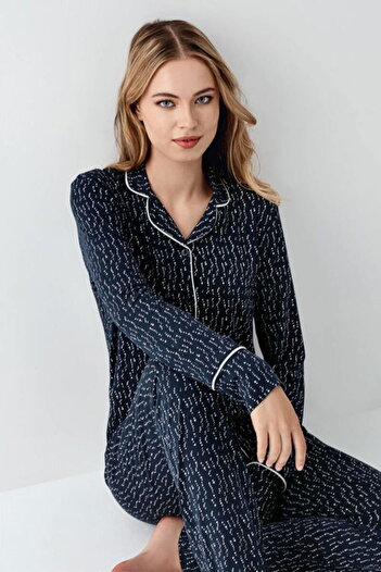 Arnetta Shirt Collar Pajama Set, Button Front, Striped, Long Sleeve, 50% Cotton & 50% Modal