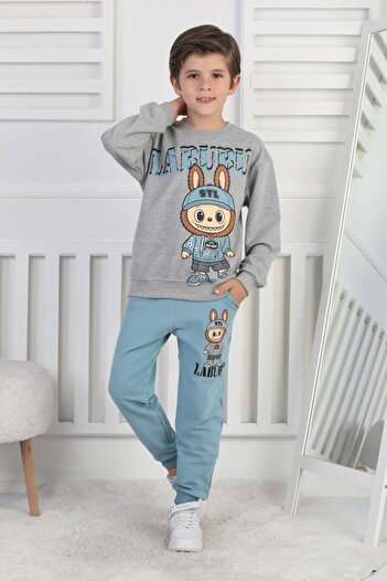 ARBİ kids Boy's Labubu Print Two-Thread Brushed Fabric Two-Piece Full-Fit Suit