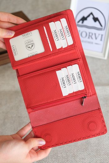 Norvi Leather Saraciye Stitched Multi-Compartment Genuine Leather Wallet for Women Red