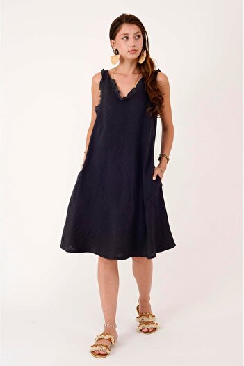 Park Moda 140461 Firfir Detailled Sleeveless Linen Dress