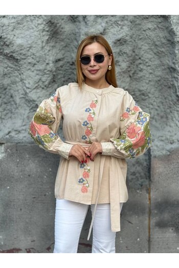 ubmbutik Embroidered Belted Linen Blouse