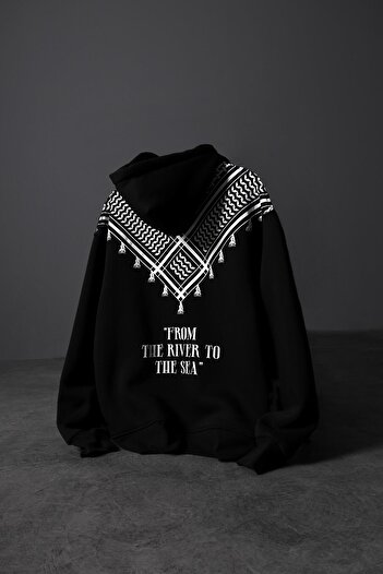 Slatra Men's Black Back Shawl Pattern Oversize Hooded Sweatshirt