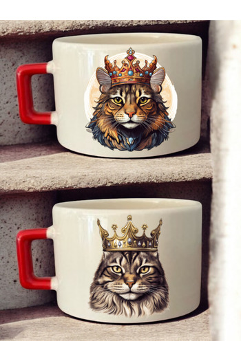 lili hediyelik King Queen Cat Printed 2-Piece Coffee Cup Ceramic Mug - Ceramic Tea, Coffee Gift Cup