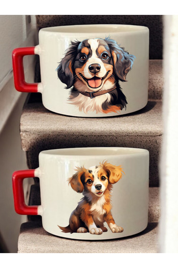lili hediyelik Dogs Drawing Printed 2-Piece Coffee Cup Ceramic Mug - Ceramic Tea, Coffee Gift Cup
