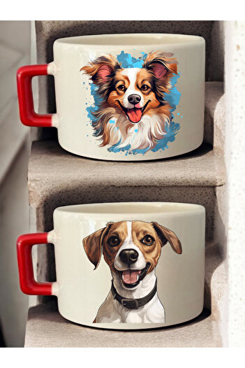 lili hediyelik Dog Drawing Printed 2-Piece Coffee Cup Ceramic Mug - Ceramic Tea, Coffee Gift Cup