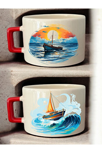 lili hediyelik Sandal Printed 2-Piece Coffee Cup Ceramic Mug - Ceramic Tea, Coffee Gift Cup