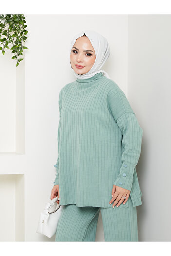 MY QILAM Women's Hijab Top and Bottom Set Ribbed Stand Collar Sleeves Button Detail Knitwear Set Camel