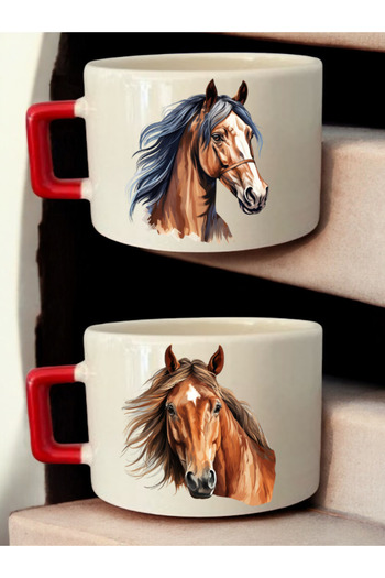 lili hediyelik Horse Theme Printed 2-Piece Coffee Cup Ceramic Mug - Ceramic Tea, Coffee Gift