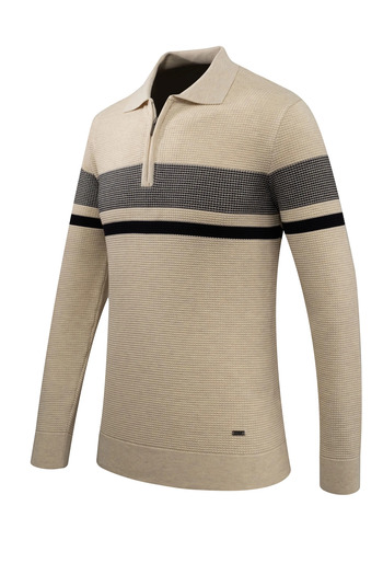 Çizgi Triko Men's Zippered Polo Neck Sweater Knitwear Embossed Knit Pattern Classic Fit