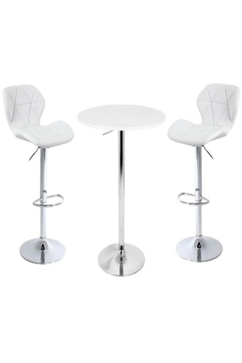 AWF AL WADI FURNITURE Kixo 3 Piece Adjustable Round Mdf Wood Bar Table Set & 2 Diamond Style Pu Leather Bar Chairs, White
