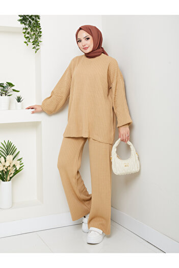 MY QILAM Women's Hijab Top and Bottom Set Ribbed Stand Collar Patterned Balloon Sleeve Camel