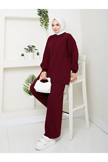 MY QILAM Women's Hijab Top and Bottom Knitwear Set Ribbed Stand Collar Patterned Balloon Sleeve Burgundy