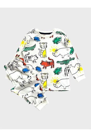 tusem butik homewear Boys' 100% Cotton White Safari Patterned Long Sleeve Pajama Set