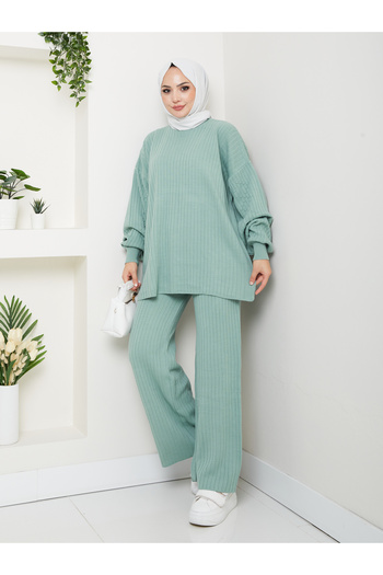MY QILAM Women's Hijab Top and Bottom Set Ribbed Stand Collar Patterned Balloon Sleeve Mint Green