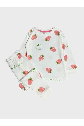 ALİŞ KİDS Girl's 100% Cotton White Strawberry Patterned Long Sleeve Pajama Set