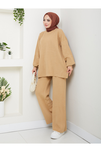MY QILAM Women's Hijab Top and Bottom Set Ribbed Stand Collar Patterned Balloon Sleeve Camel