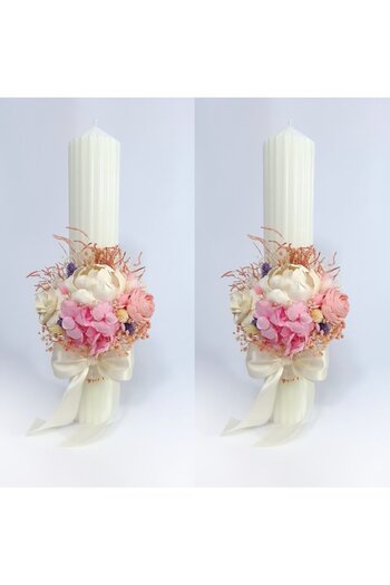 OEM Set of 2 wedding candles decorated with ming flowers, preserved hydrangeas and dried flowers, H35/D6