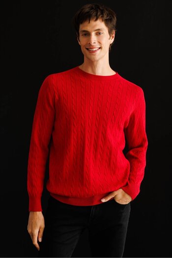 Desen Triko Men's Crew Neck Hair Braided Sweater Dark Red