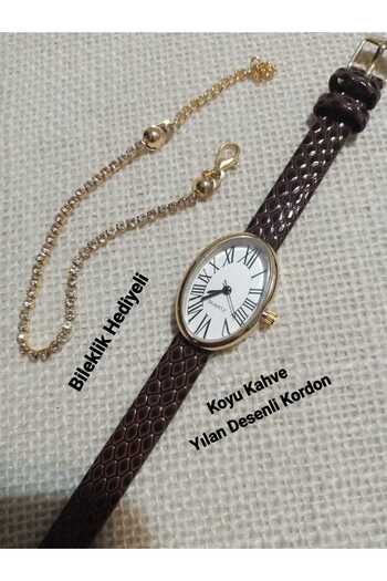 QUARTZ Retro Series Gold Oval Roma Women's Wristwatch- Dark Brown Band / Bracelet with Gift Tt0125