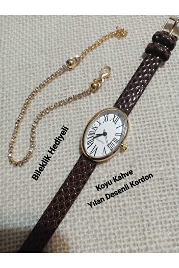 QUARTZ Retro Series Gold Oval Roma Women's Wristwatch- Dark Brown Band / Bracelet with Gift Tt0125