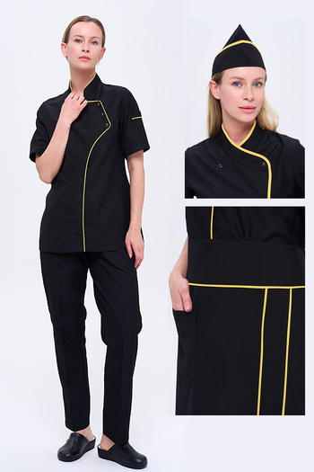 TIPTEKS Comfort Women's Black Chef Jacket, Cap and Waist Apron - Yellow Piping / Black Chef Pants Four-Piece Set