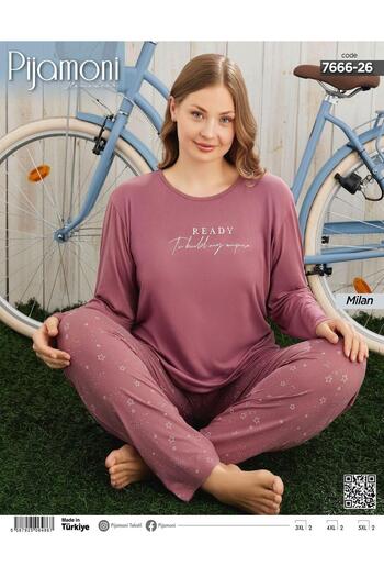 Pijamoni Women's Milan Plus Size Crew Neck Long Sleeve Thin Pajama Set 7666/26 - 1 Piece